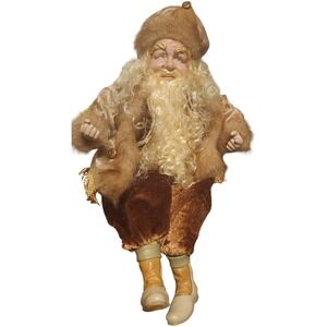 Collectible Sitting Shelf Christmas Santa Figurine Faux Fur Hat Long Beard